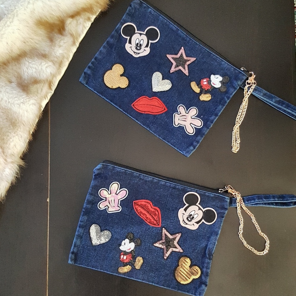 Mickey Mouse Applique Patch Denim Clutch